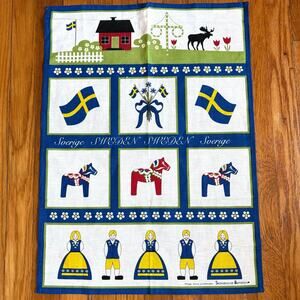 Vintage Swedish Linen Cotton Tea Towel Dala Horse Scandinavian Decor